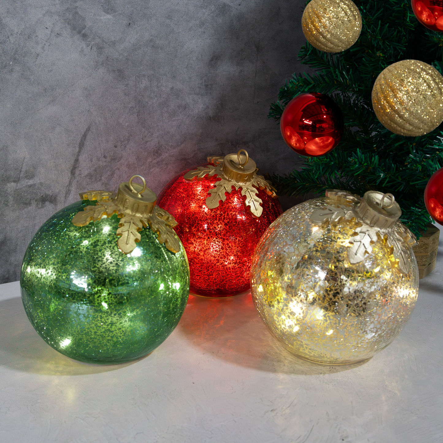 Battery Operated Glass Tabletop Christmas Ornaments - Set of 3