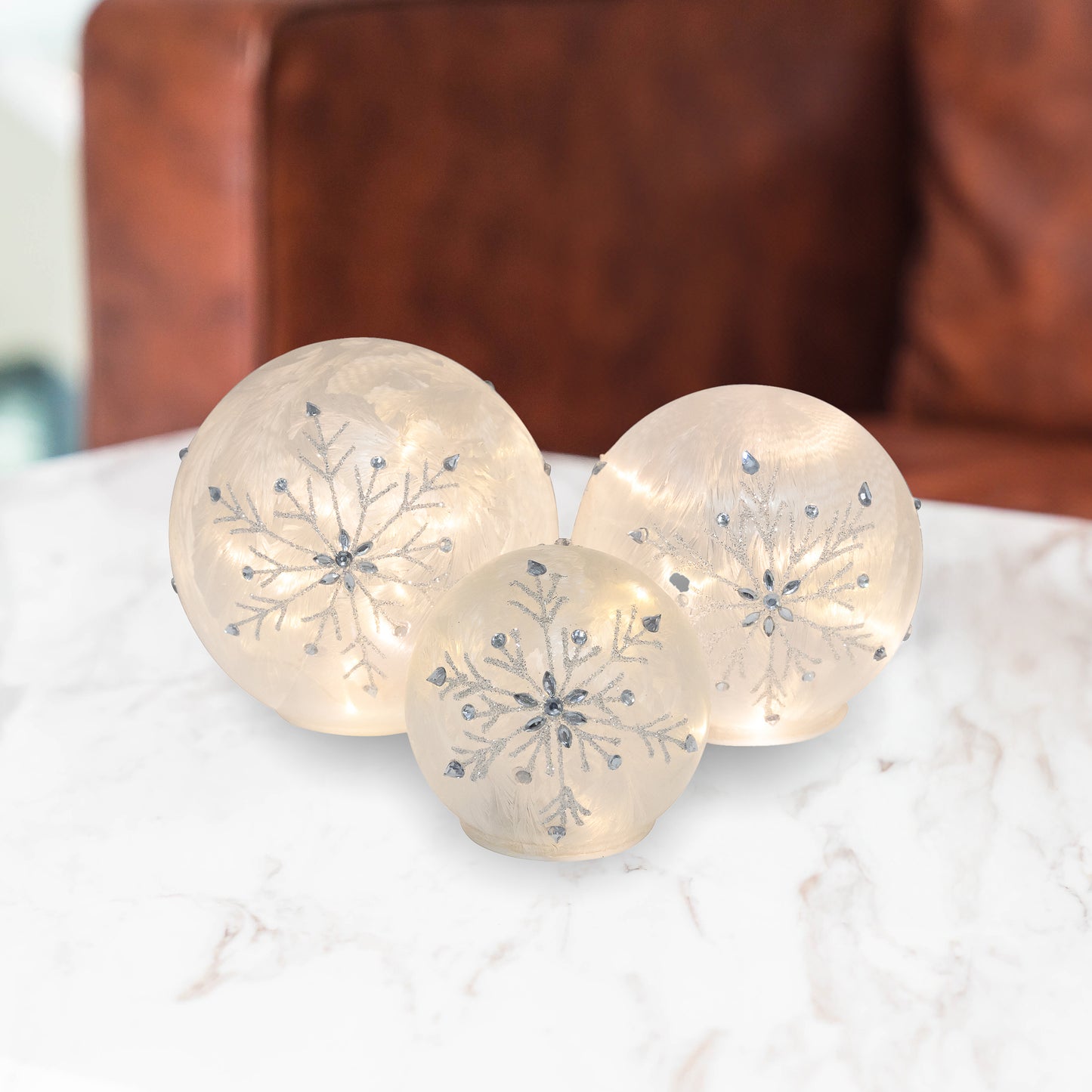 Battery Operated Glass Snowflake Globes - Set of 3