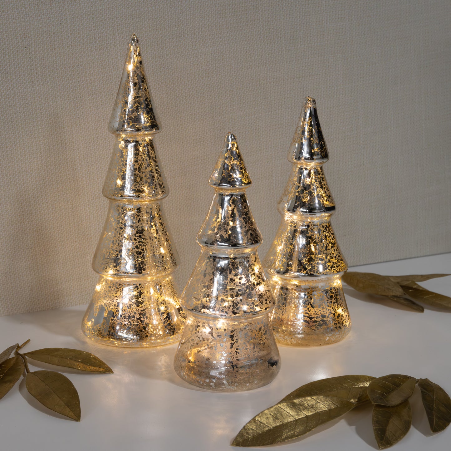 Battery Operated Silver Mercury Glass Trees - Set of 3