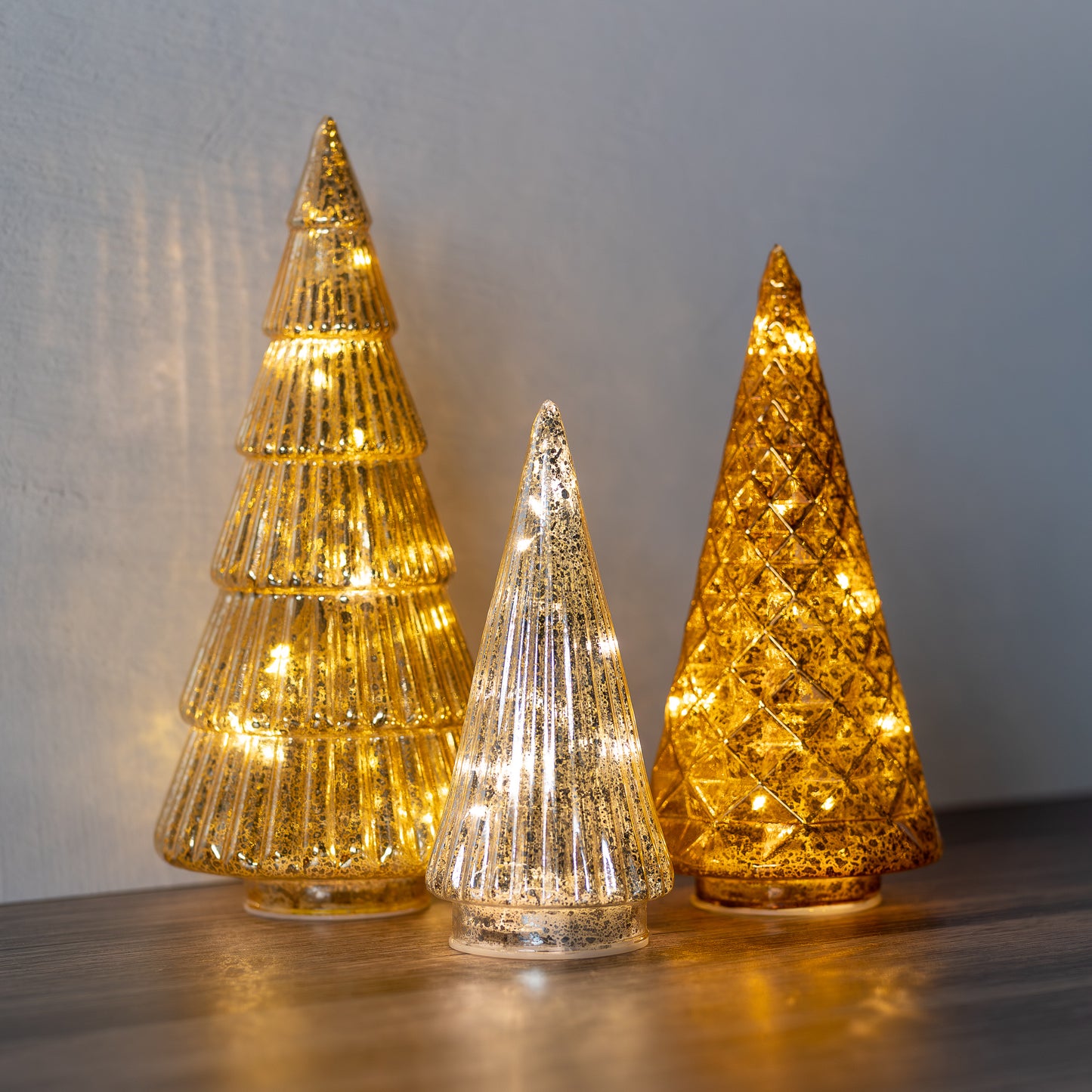 Battery Operated Gold, Bronze & Silver Trees - Set of 3