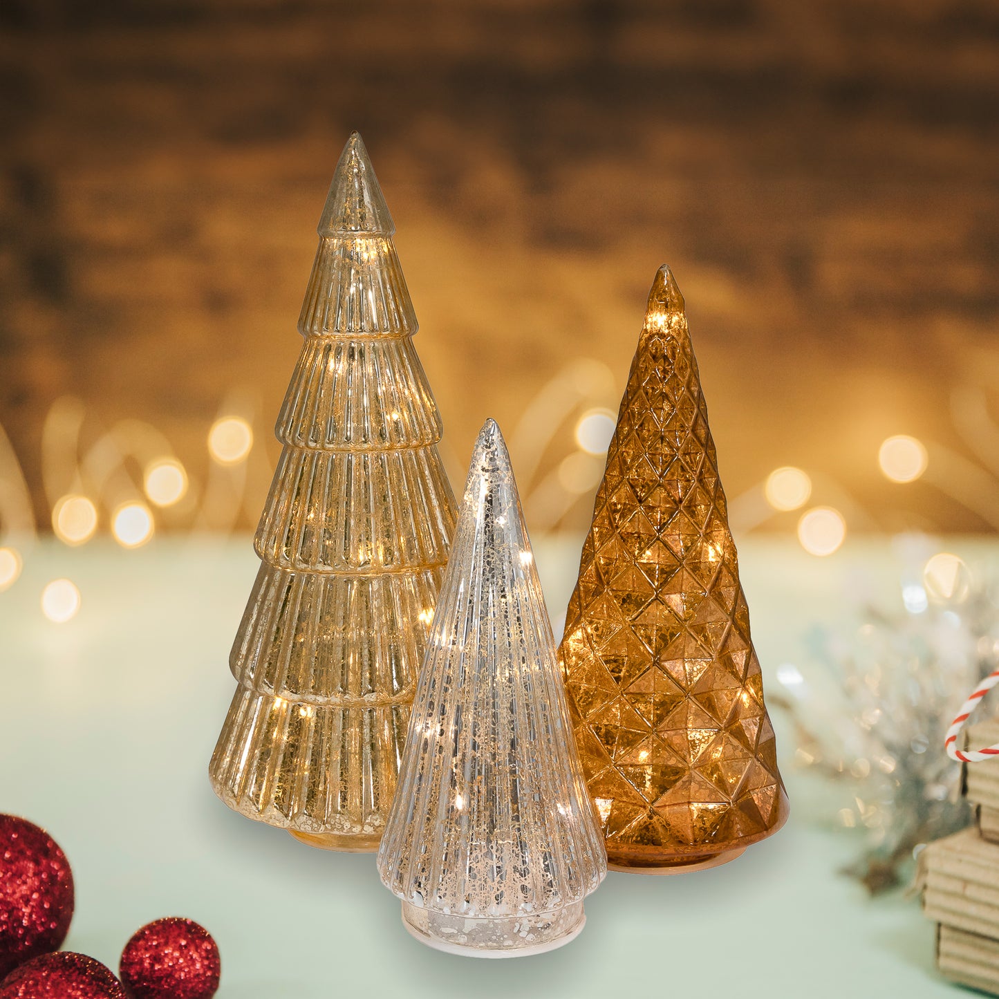 Battery Operated Gold, Bronze & Silver Trees - Set of 3