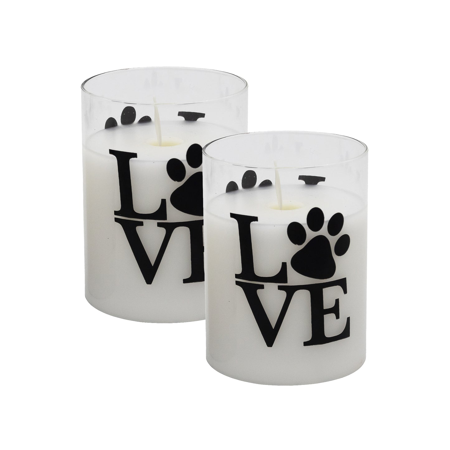 Battery Operated LED Glass Candles with Flickering Flame, Love Paw - Set of 2