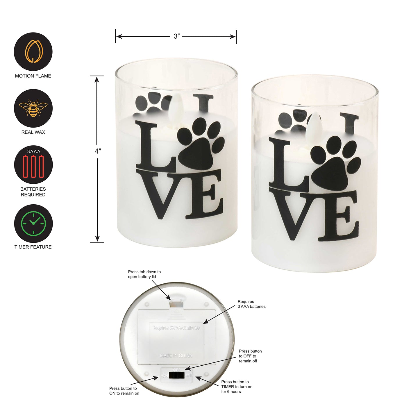 Battery Operated LED Glass Candles with Flickering Flame, Love Paw - Set of 2