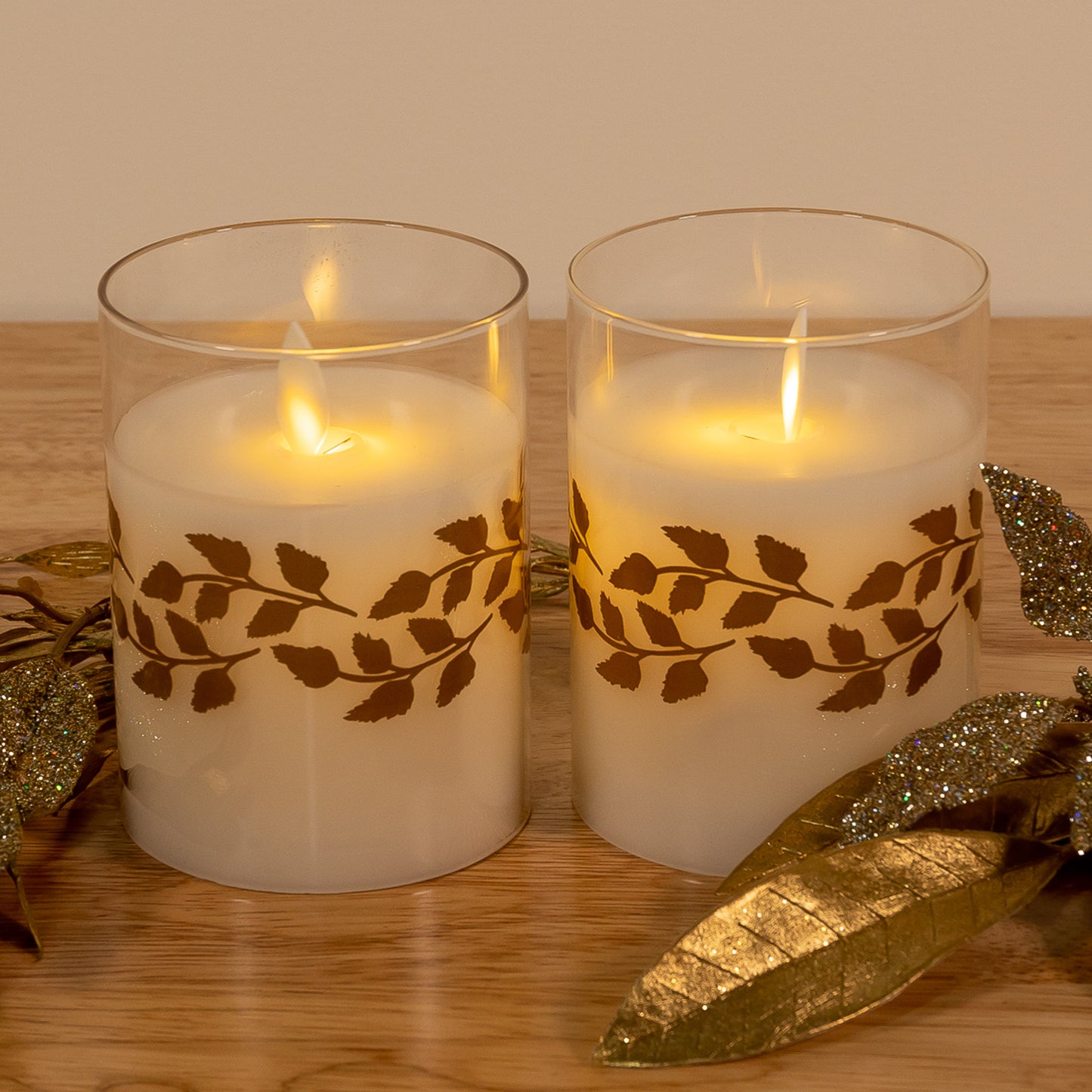 Battery Operated LED Glass Candles with Flickering Flame, Gold Garland - Set of 2 - Gold