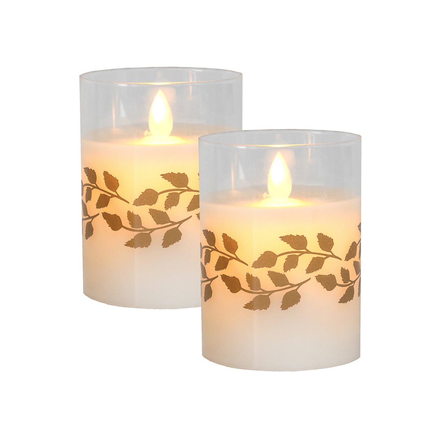 Battery Operated LED Glass Candles with Flickering Flame, Gold Garland - Set of 2 - Gold