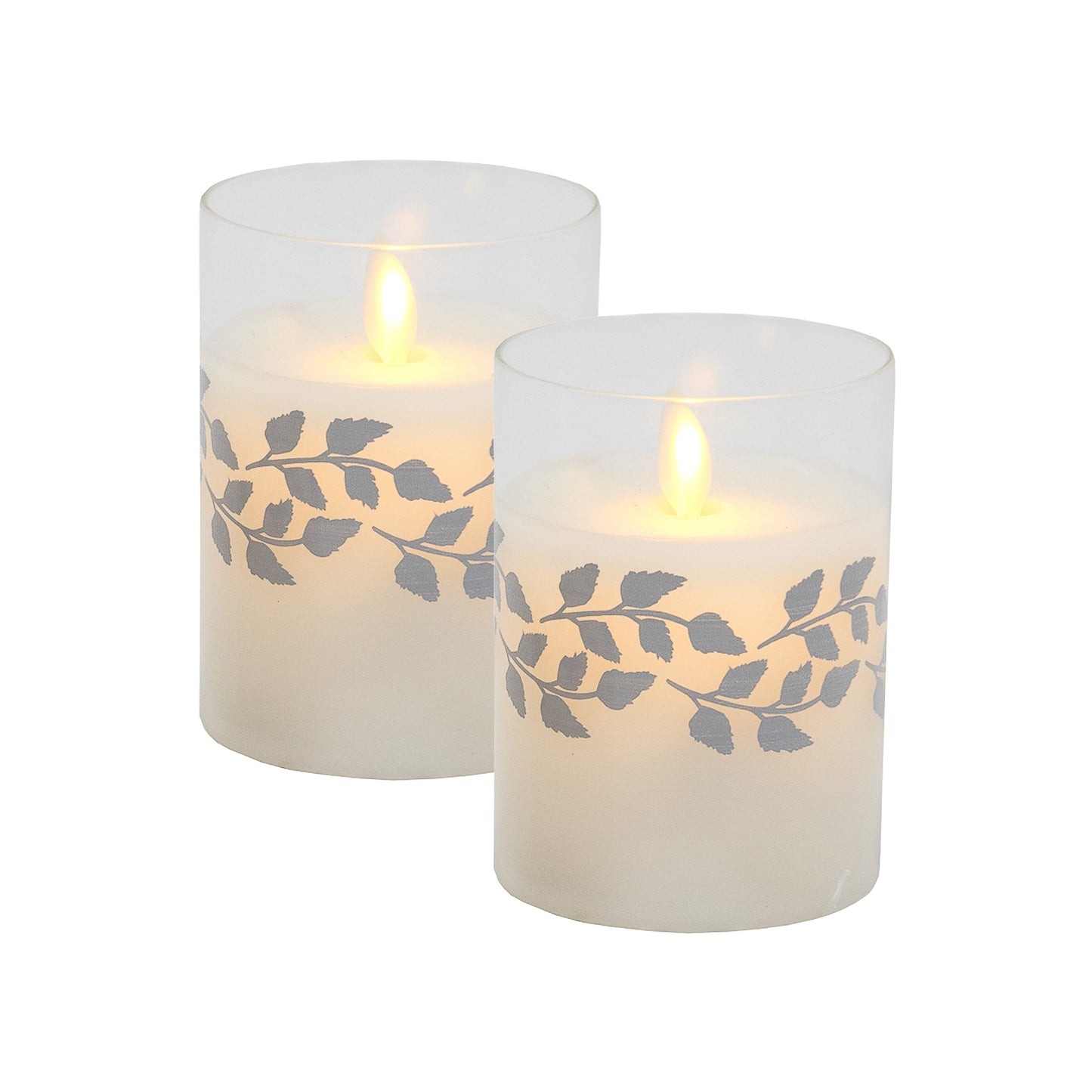 Battery Operated LED Glass Candles with Flickering Flame, Gold Garland - Set of 2 - Silver