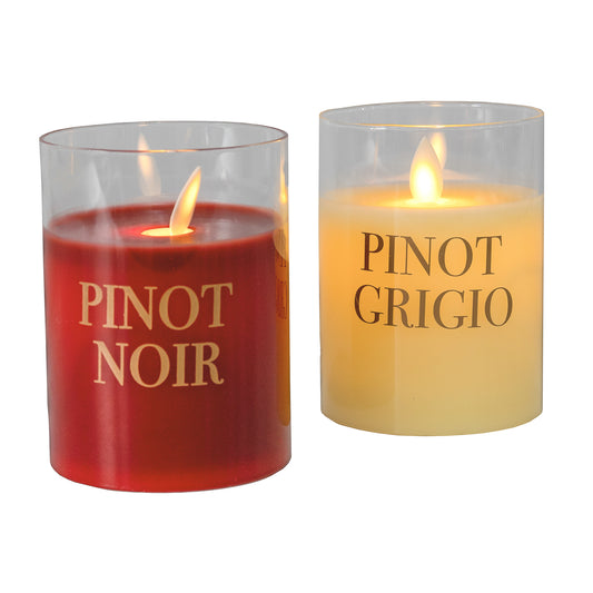 Battery Operated LED Glass Candles with Flickering Flame, Wine Names - Set of 2