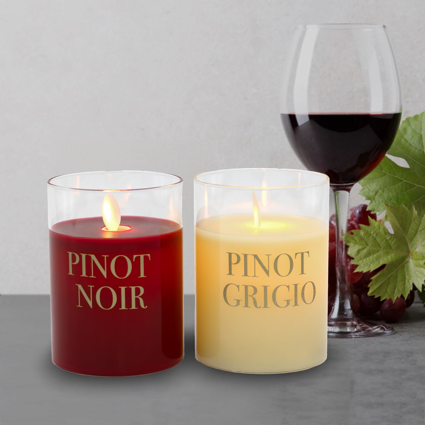 Battery Operated LED Glass Candles with Flickering Flame, Wine Names - Set of 2