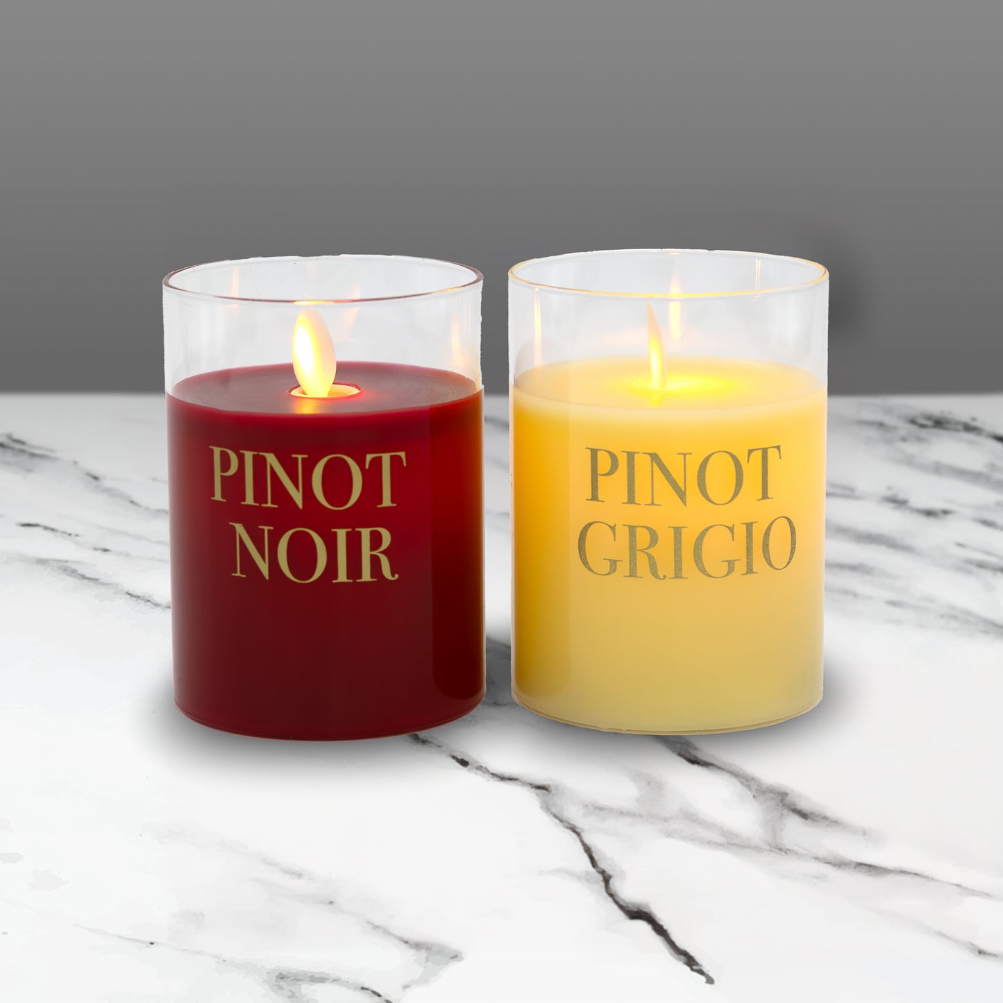 Battery Operated LED Glass Candles with Flickering Flame, Wine Names - Set of 2