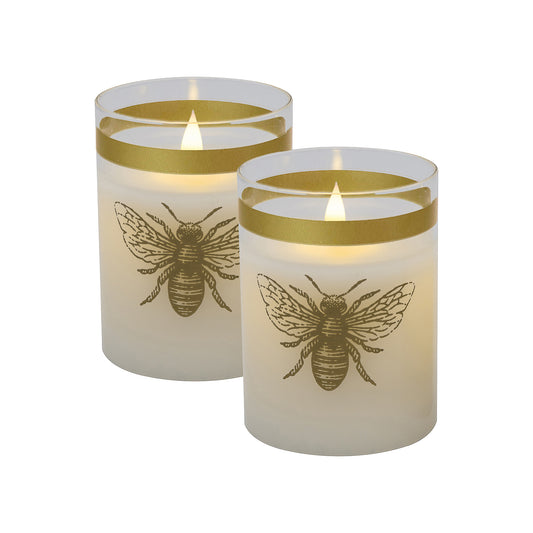 Battery Operated LED Glass Candles with Bullet Flame, Honeybee - Set of 2