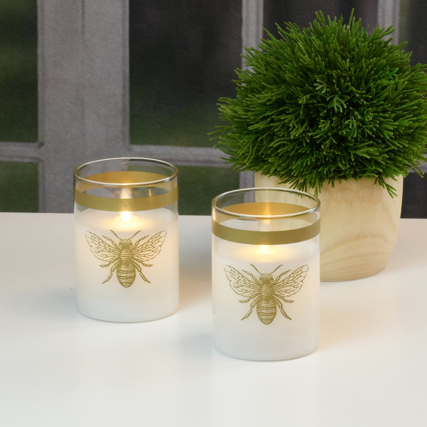 Battery Operated LED Glass Candles with Flickering Flame, Honeybee - Set of 2