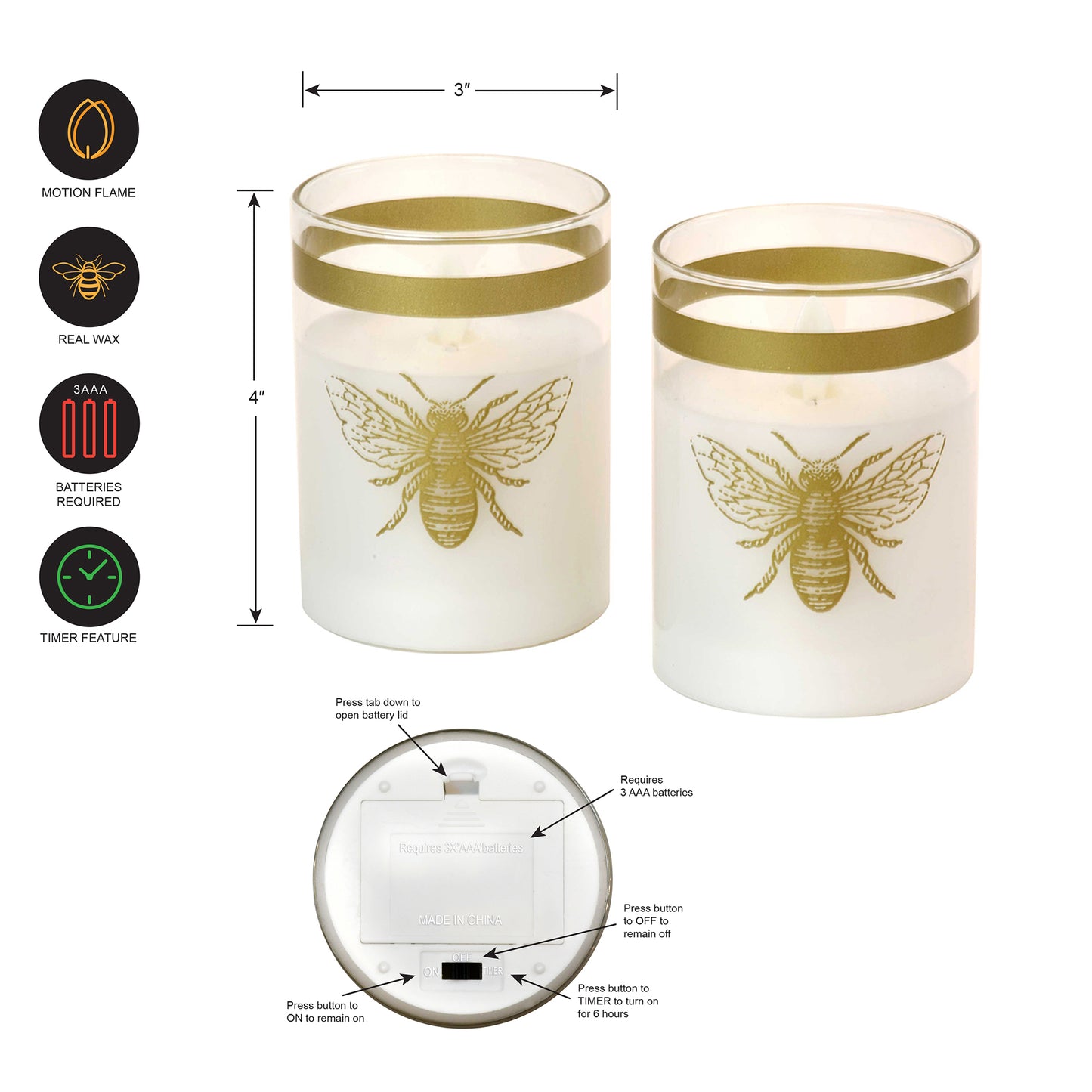 Battery Operated LED Glass Candles with Flickering Flame, Honeybee - Set of 2