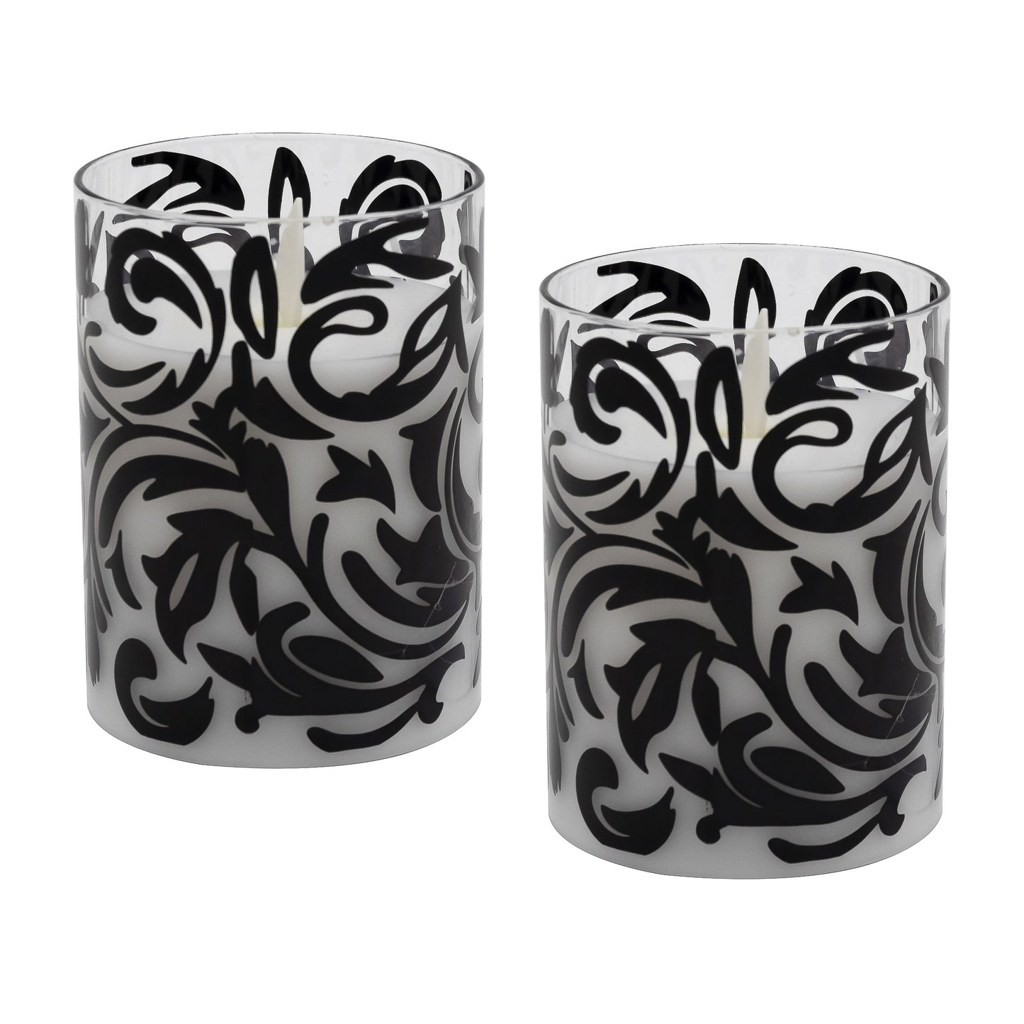 Battery Operated LED Glass Candles with Flickering Flame, Black Baroque Swirl - Set of 2