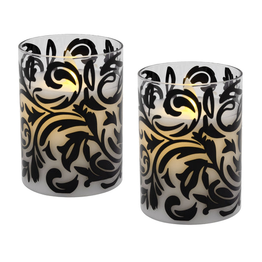 Battery Operated LED Glass Candles with Flickering Flame, Black Baroque Swirl - Set of 2