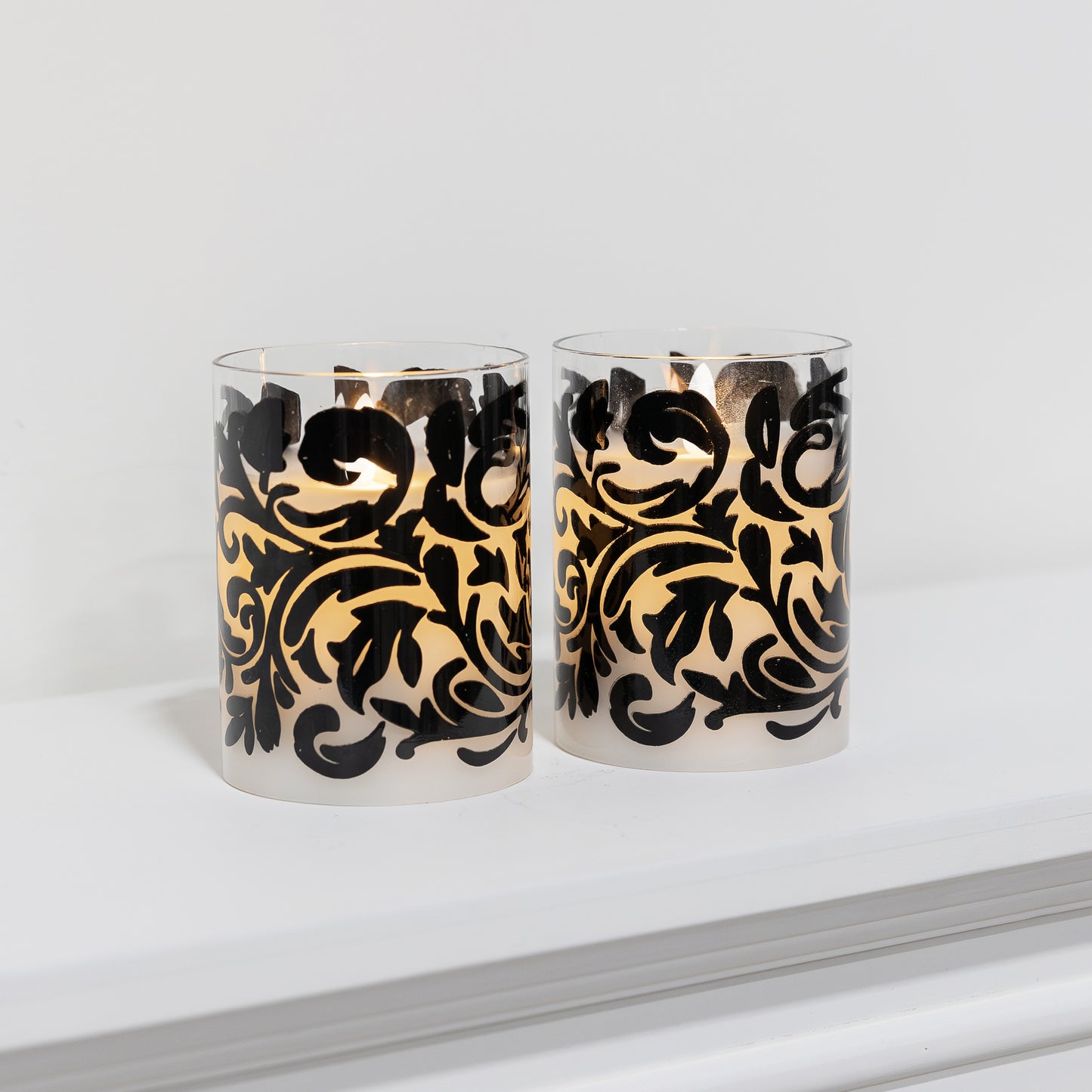 Battery Operated LED Glass Candles with Flickering Flame, Black Baroque Swirl - Set of 2