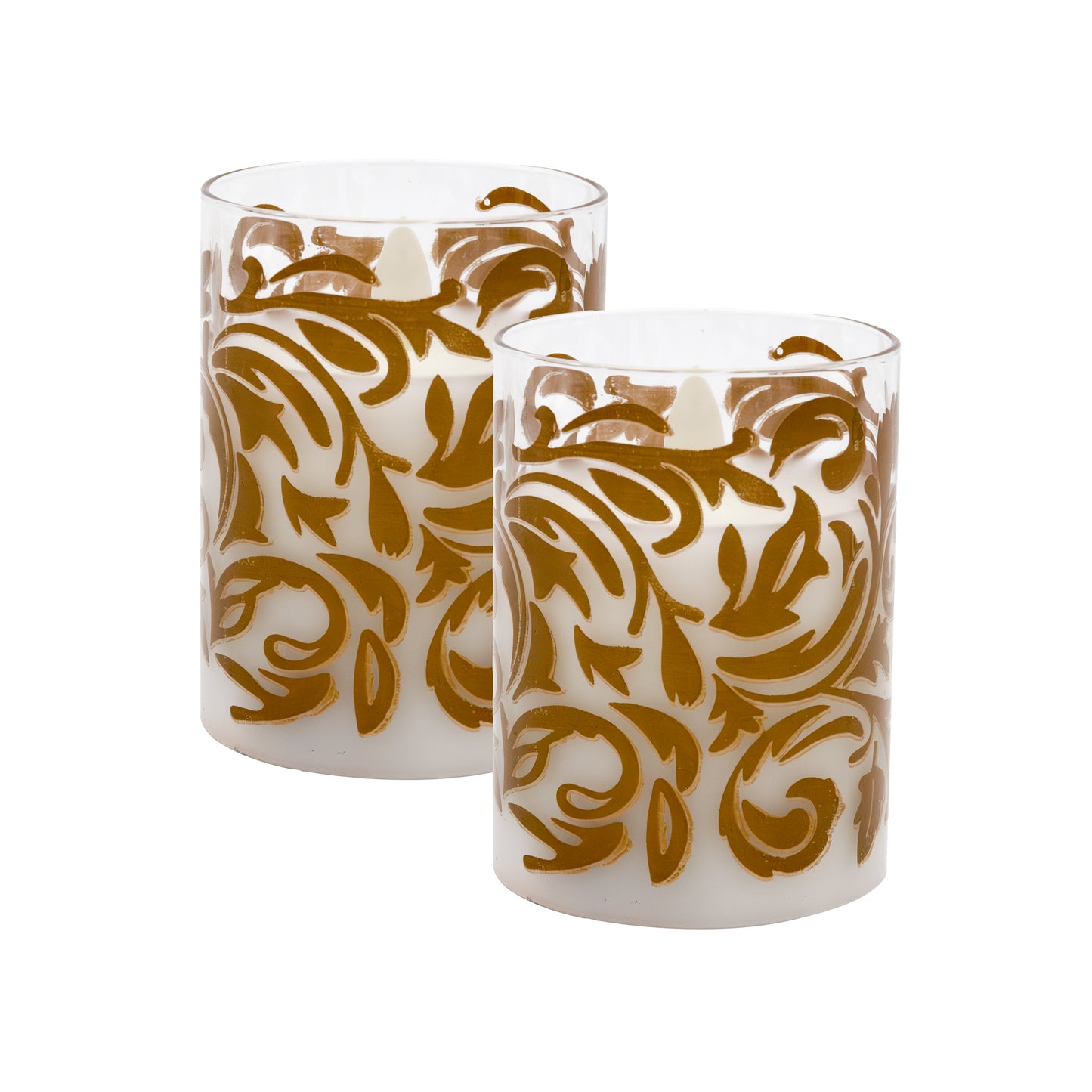 Battery Operated LED Glass Candles with Flickering Flame, Gold Baroque Swirl - Set of 2 - Gold