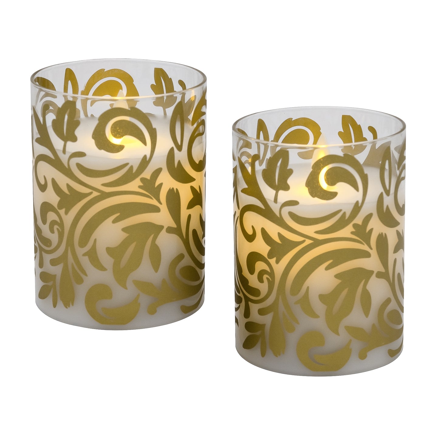 Battery Operated LED Glass Candles with Flickering Flame, Gold Baroque Swirl - Set of 2 - Gold