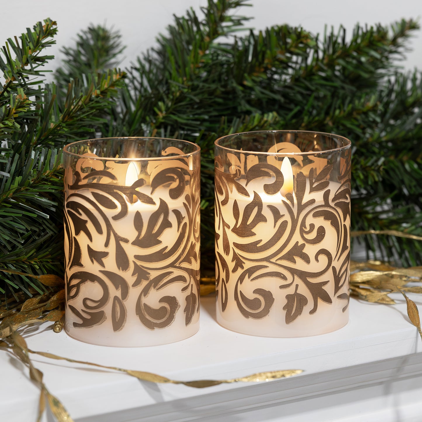 Battery Operated LED Glass Candles with Flickering Flame, Gold Baroque Swirl - Set of 2 - Gold