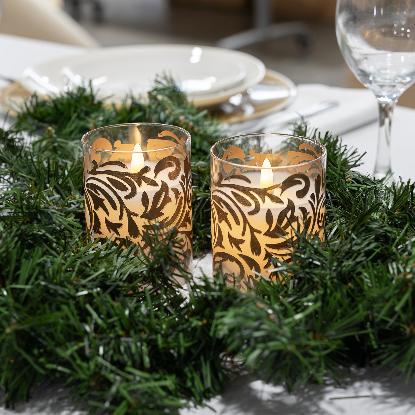 Battery Operated LED Glass Candles with Flickering Flame, Gold Baroque Swirl - Set of 2 - Gold