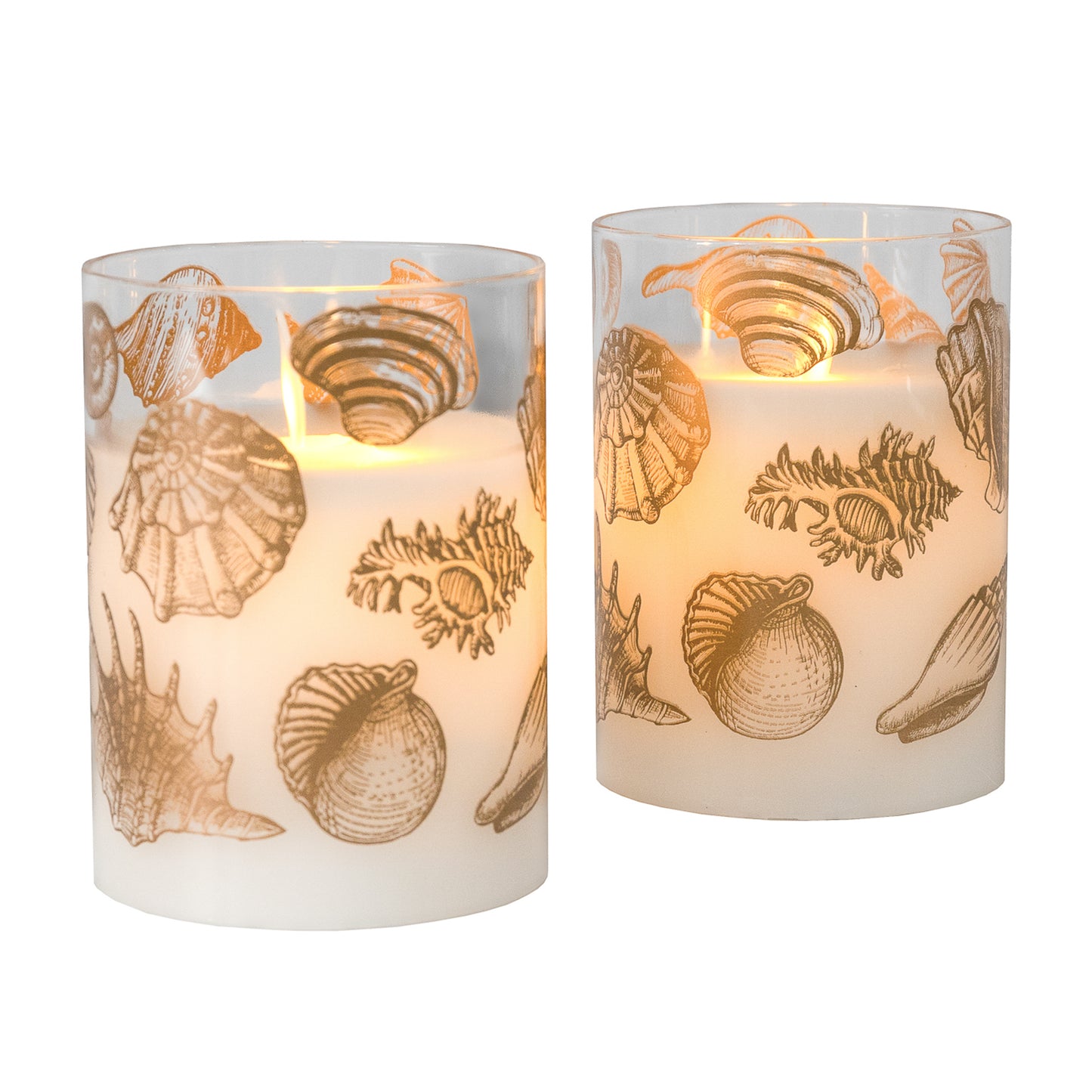 Battery Operated Flickering Flame Glass Wax Candles - Seashells- Set of 2