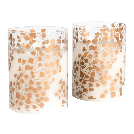 Battery Operated Flickering Flame Glass Wax Candles - Maidenhair Fern- Set of 2 - Gold