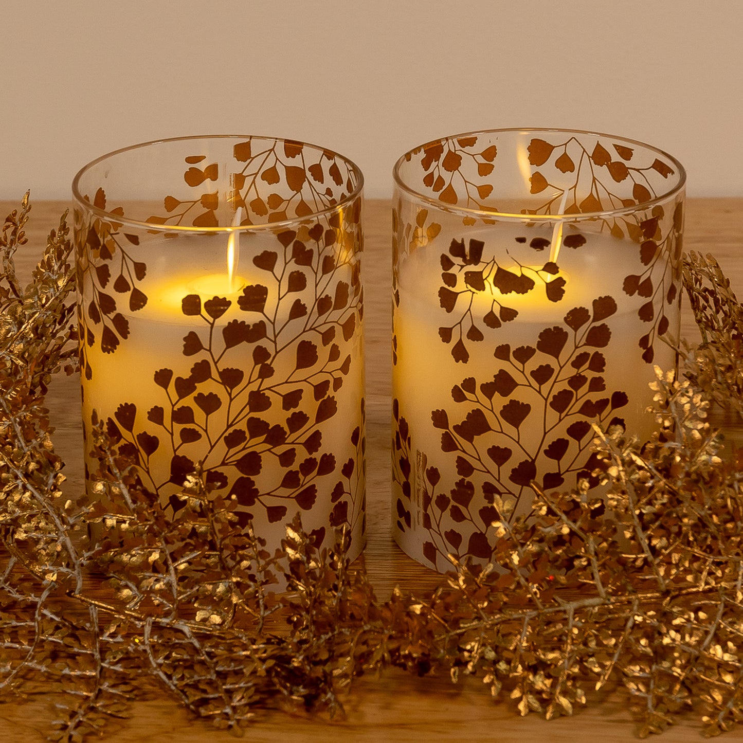 Battery Operated Flickering Flame Glass Wax Candles - Maidenhair Fern- Set of 2 - Gold