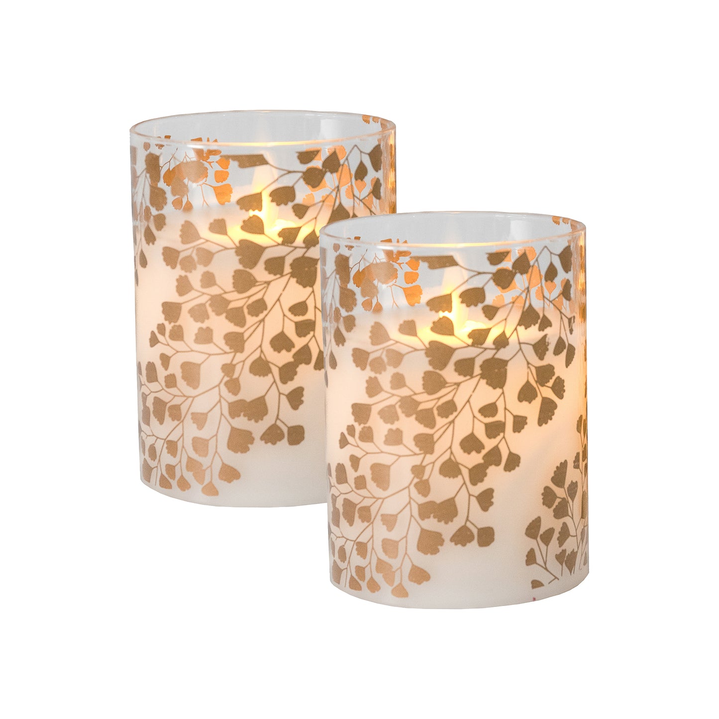 Battery Operated Flickering Flame Glass Wax Candles - Maidenhair Fern- Set of 2 - Gold