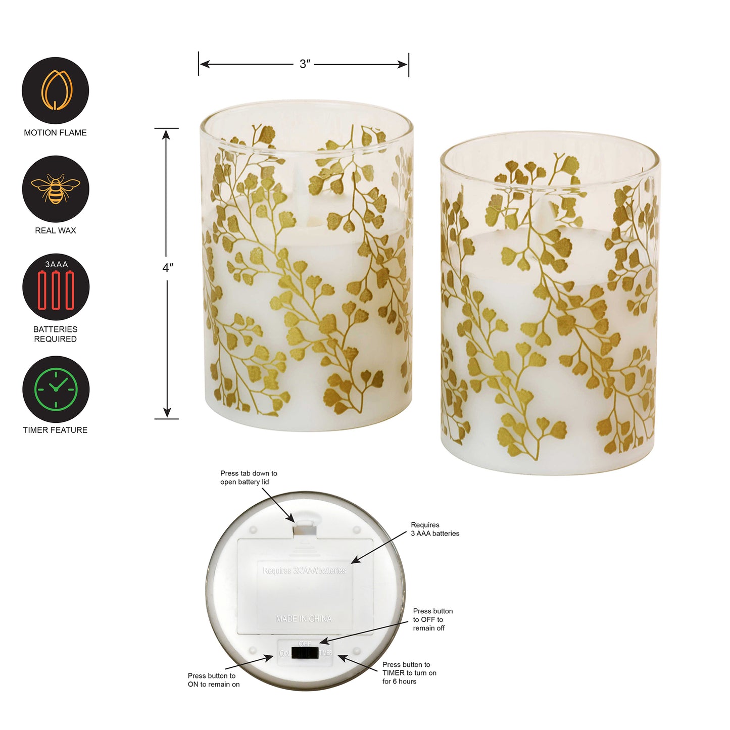 Battery Operated Flickering Flame Glass Wax Candles - Maidenhair Fern- Set of 2 - Gold