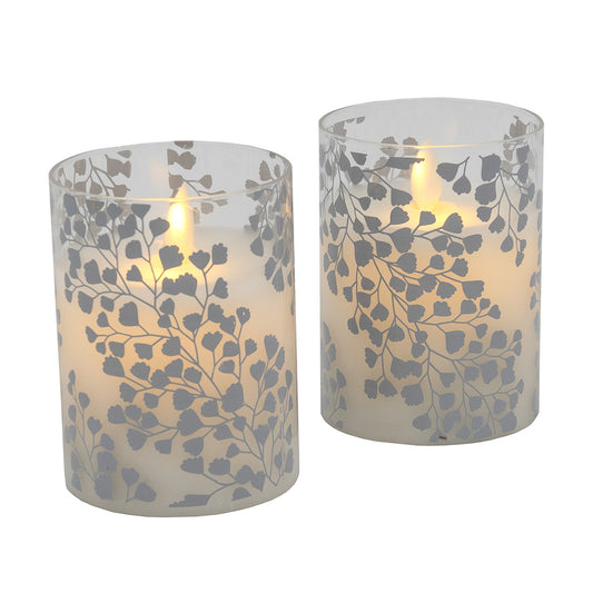 Battery Operated Flickering Flame Glass Wax Candles - Maidenhair Fern- Set of 2 - Silver