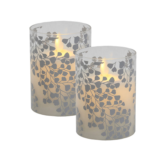 Battery Operated Flickering Flame Glass Wax Candles - Maidenhair Fern- Set of 2 - Silver