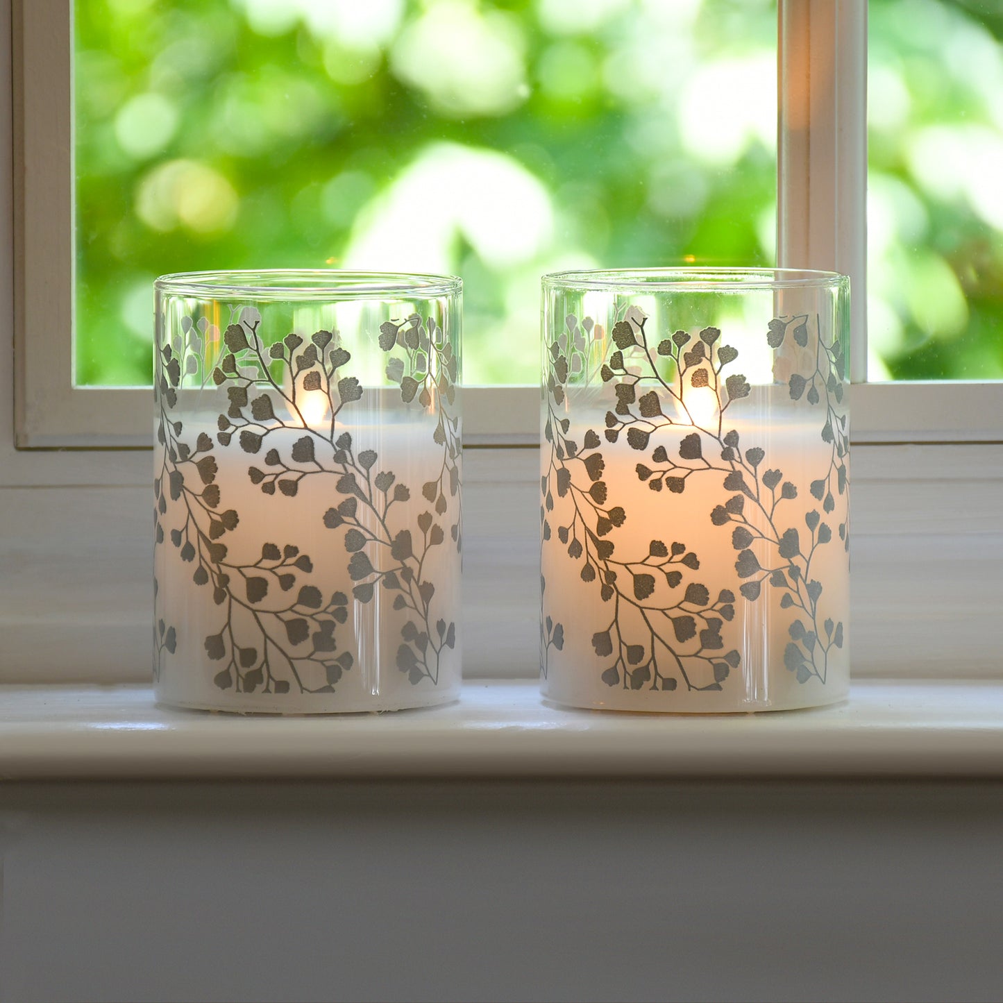 Battery Operated Flickering Flame Glass Wax Candles - Maidenhair Fern- Set of 2 - Silver