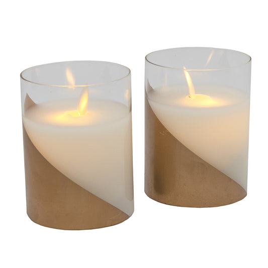 Battery Operated Flickering Flame Glass Wax Candles - Gold or Silver Accent - Set of 2 - Gold