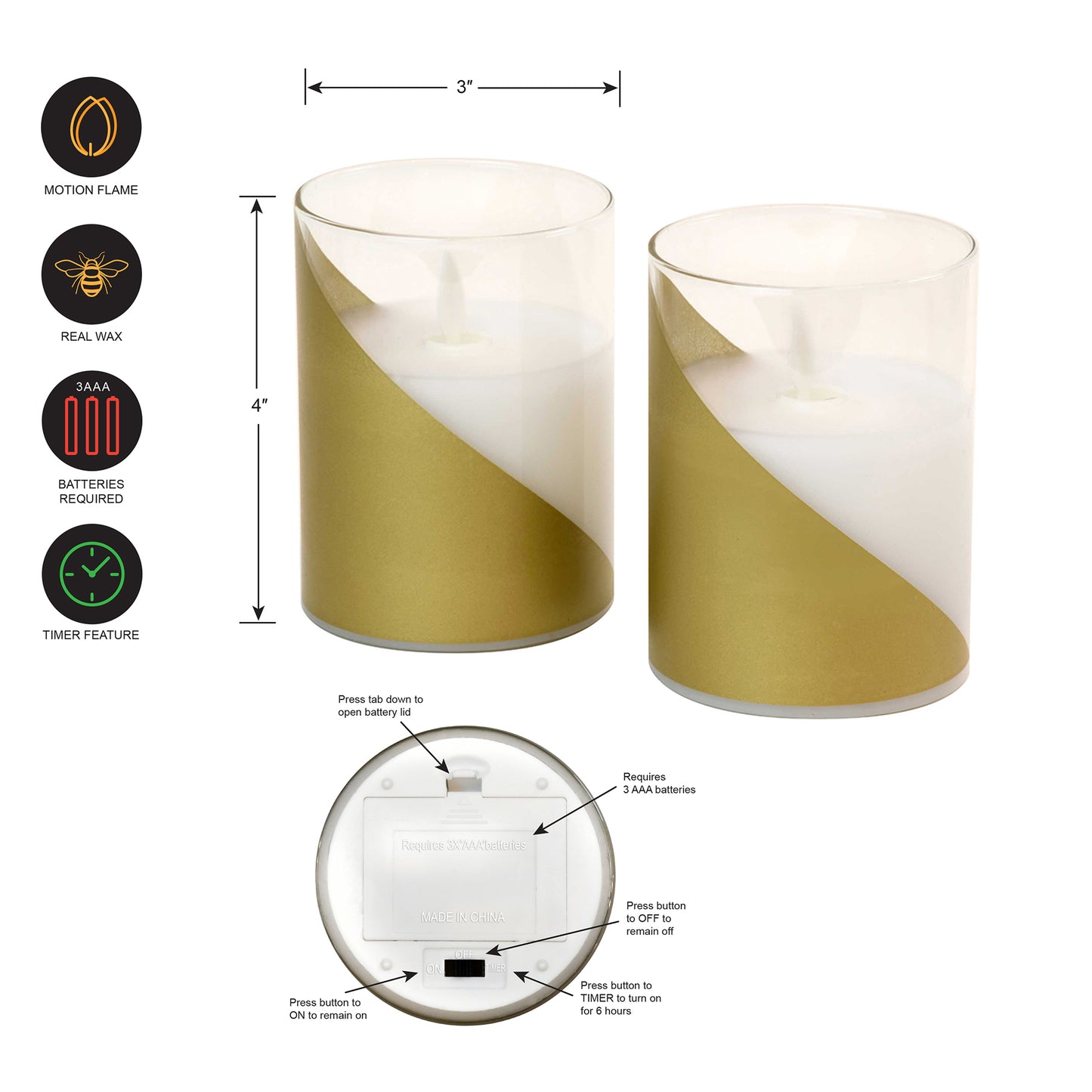 Battery Operated Flickering Flame Glass Wax Candles - Gold or Silver Accent - Set of 2 - Gold