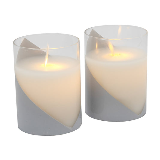 Battery Operated Flickering Flame Glass Wax Candles - Gold or Silver Accent - Set of 2 - Silver