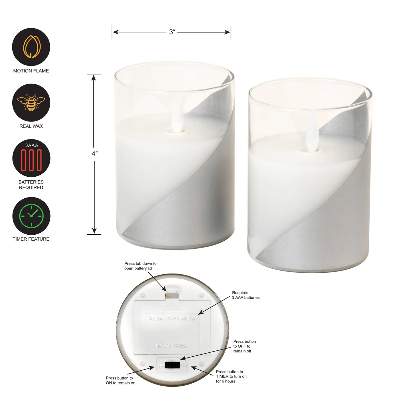 Battery Operated Flickering Flame Glass Wax Candles - Gold or Silver Accent - Set of 2 - Silver