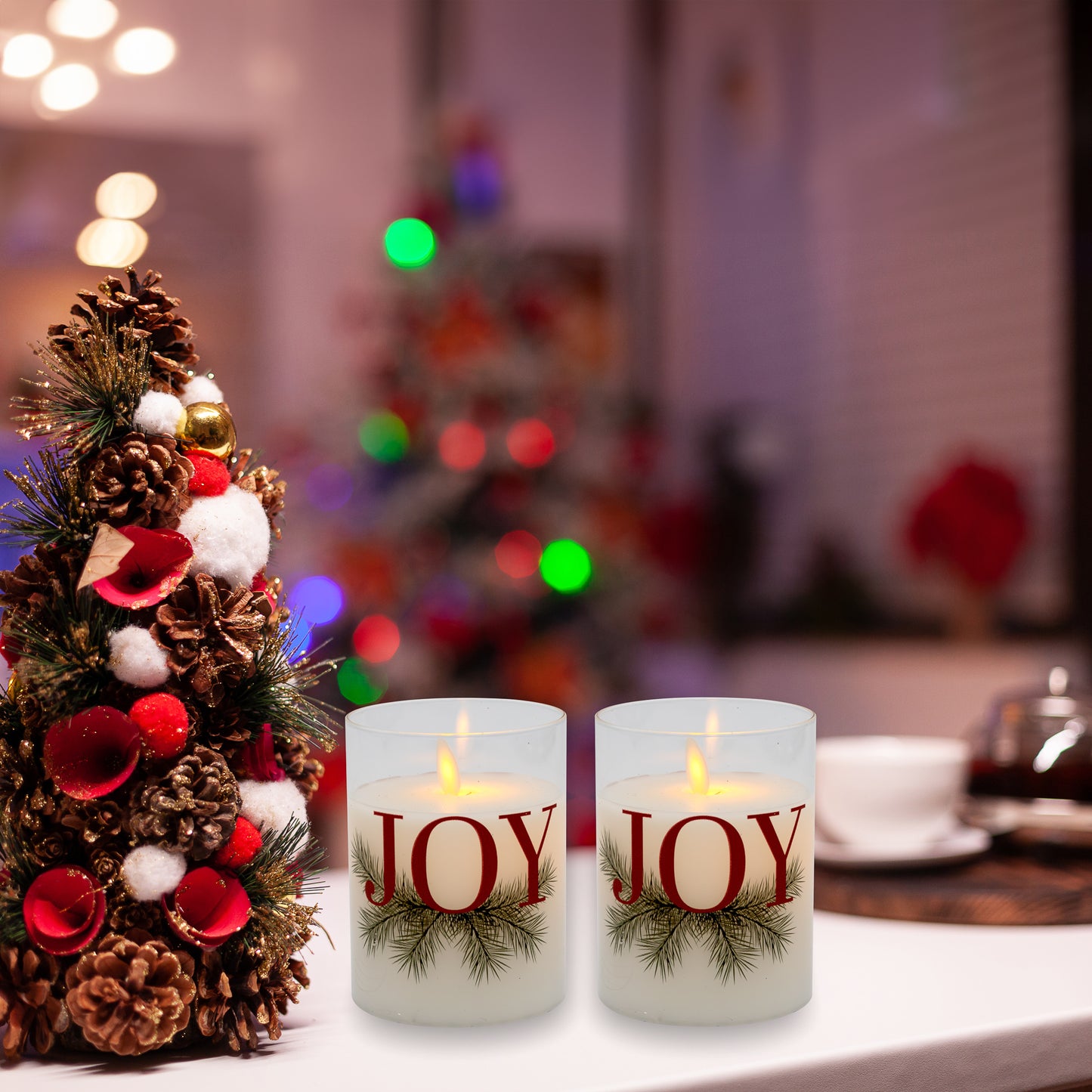 Battery Operated LED Glass Candles with Flickering Flame, JOY - Set of 2