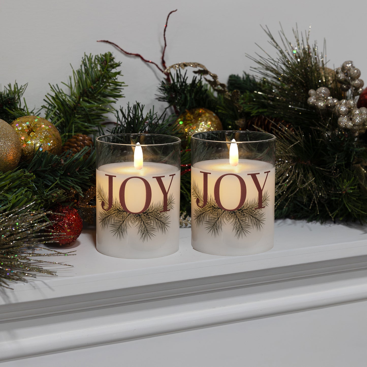 Battery Operated LED Glass Candles with Flickering Flame, JOY - Set of 2