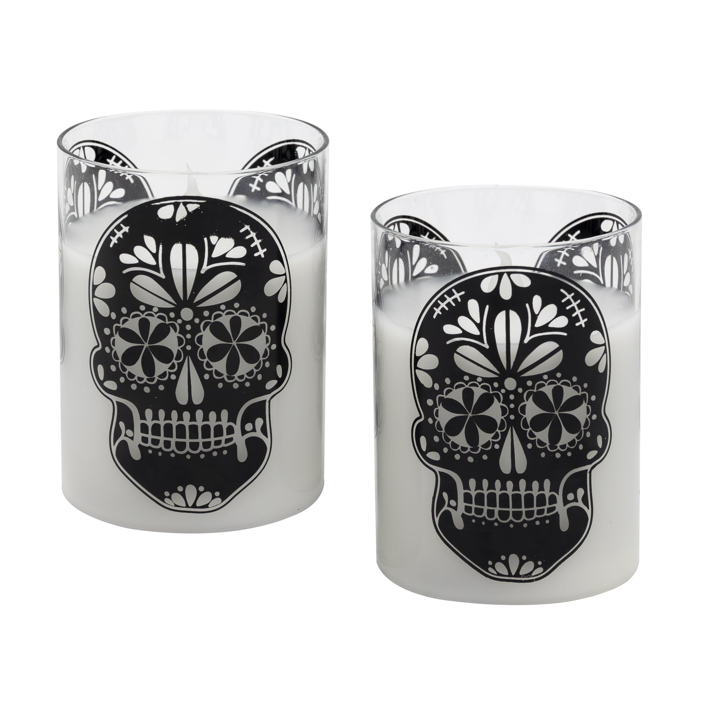 Battery Operated LED Glass Candles with Flickering Flame, Sugar Skull - Set of 2