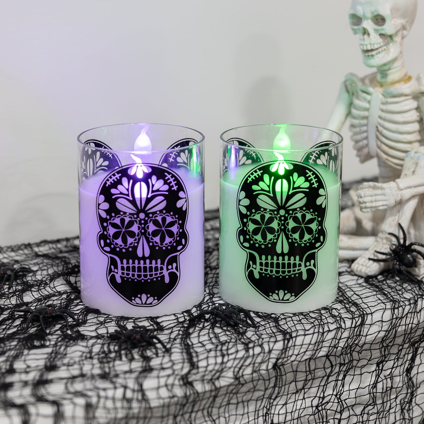 Battery Operated LED Glass Candles with Flickering Flame, Sugar Skull - Set of 2