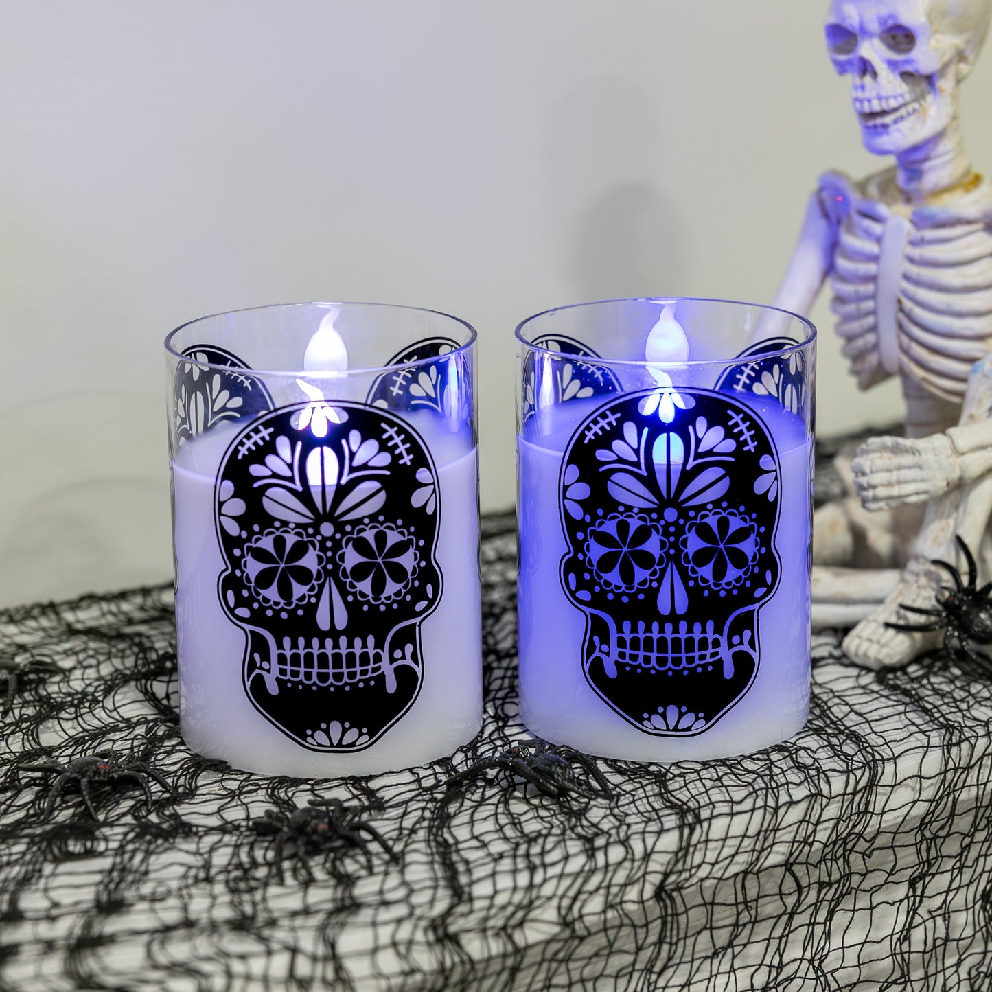 Battery Operated LED Glass Candles with Flickering Flame, Sugar Skull - Set of 2