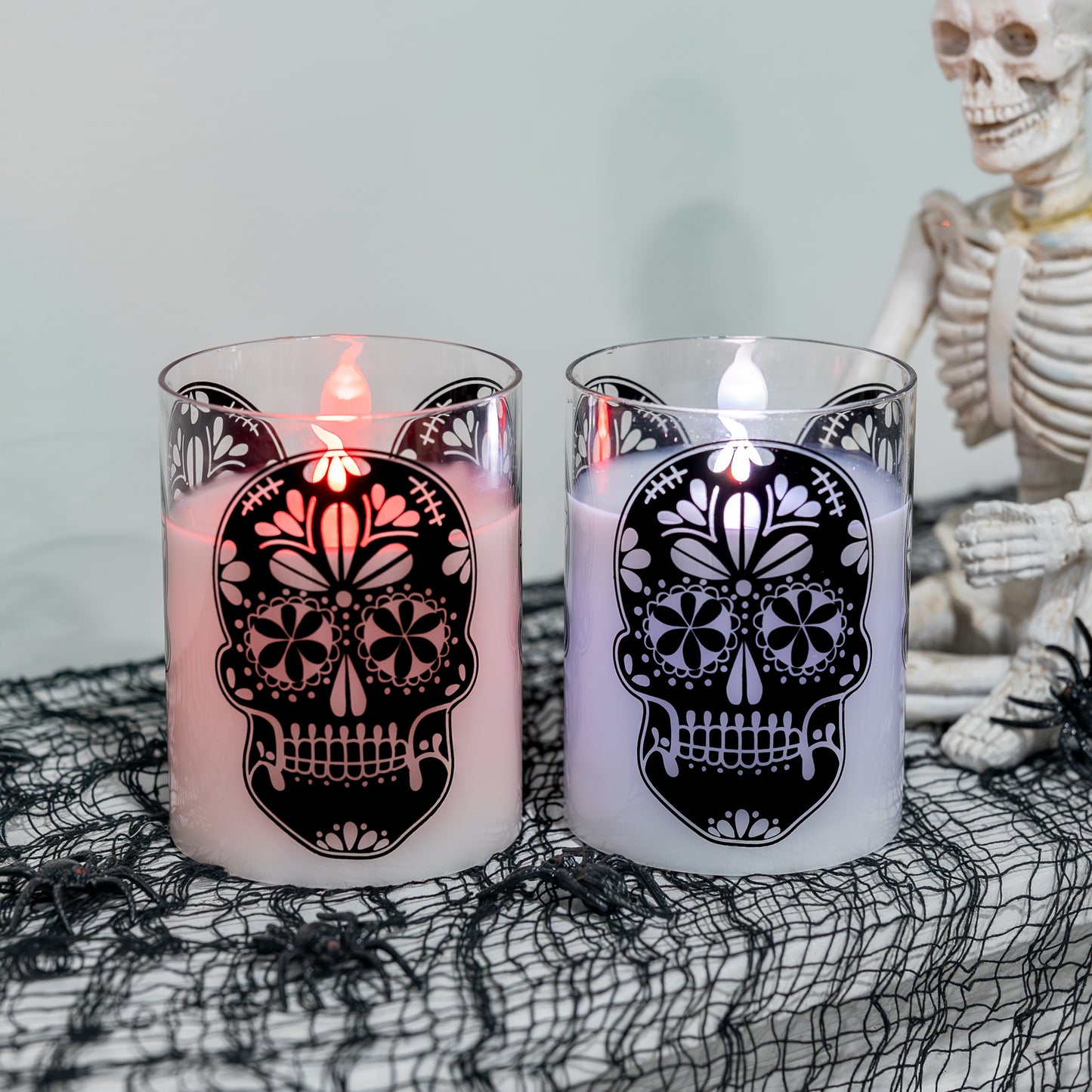 Battery Operated LED Glass Candles with Flickering Flame, Sugar Skull - Set of 2