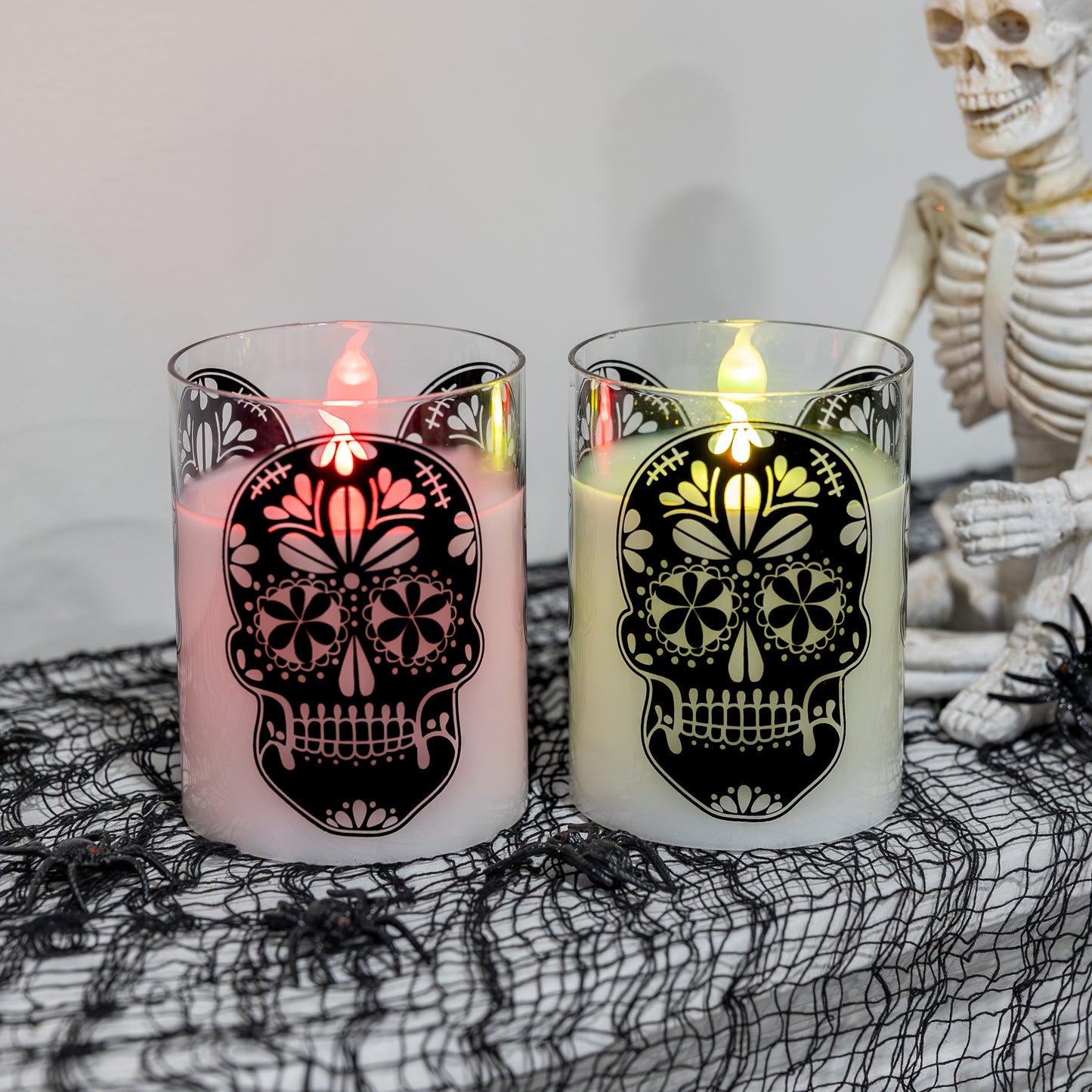 Battery Operated LED Glass Candles with Flickering Flame, Sugar Skull - Set of 2