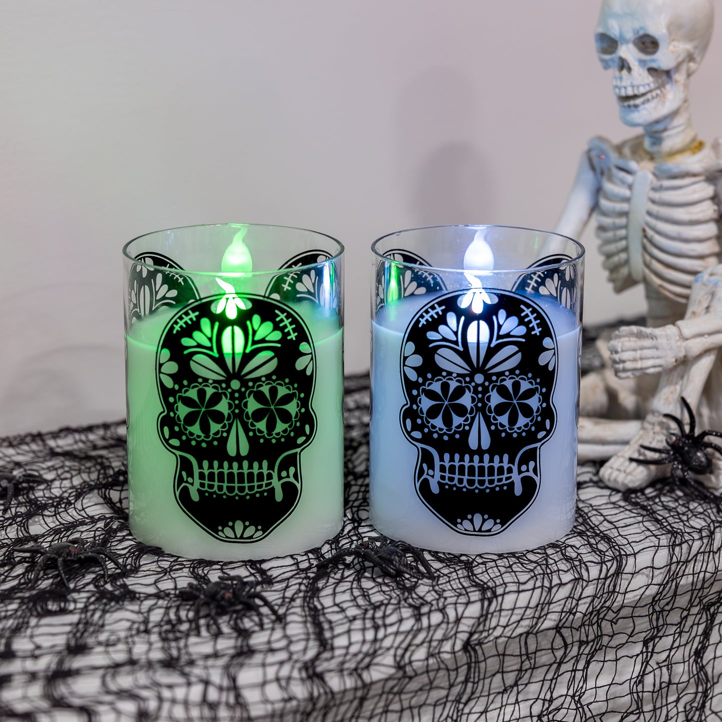 Battery Operated LED Glass Candles with Flickering Flame, Sugar Skull - Set of 2