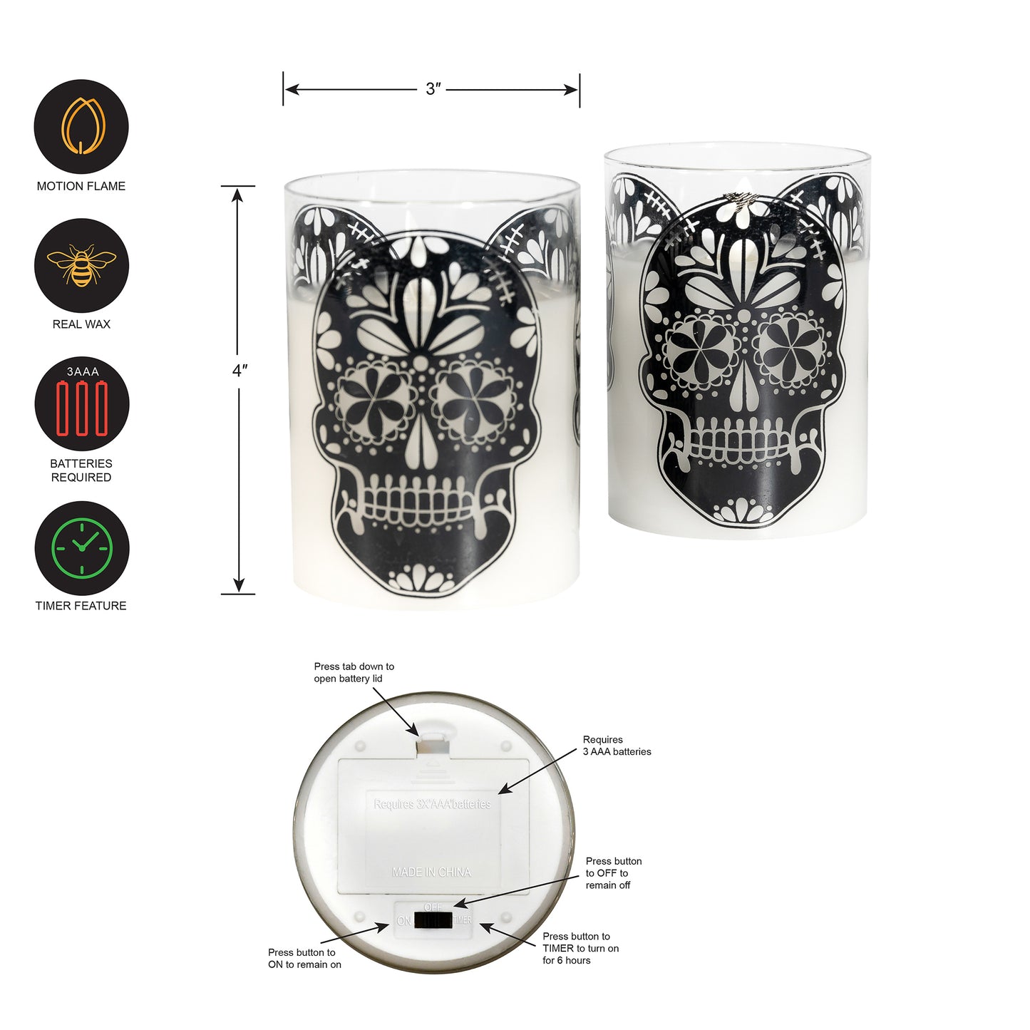 Battery Operated LED Glass Candles with Flickering Flame, Sugar Skull - Set of 2