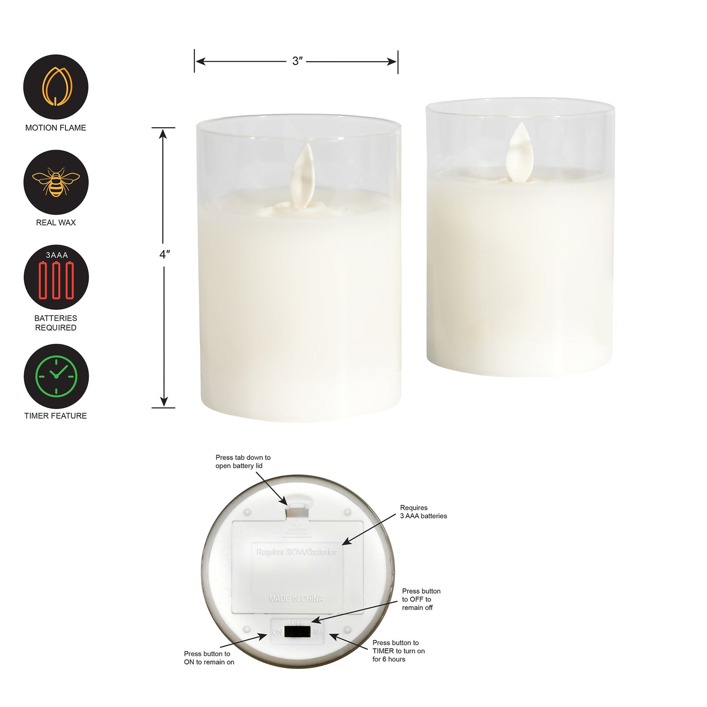 Battery Operated LED Glass Candles with Flickering Flame - Set of 2