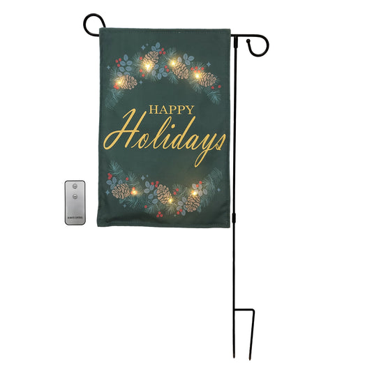 Battery Operated Lighted Outdoor Banner with Garden Flag Stand - Happy Holidays