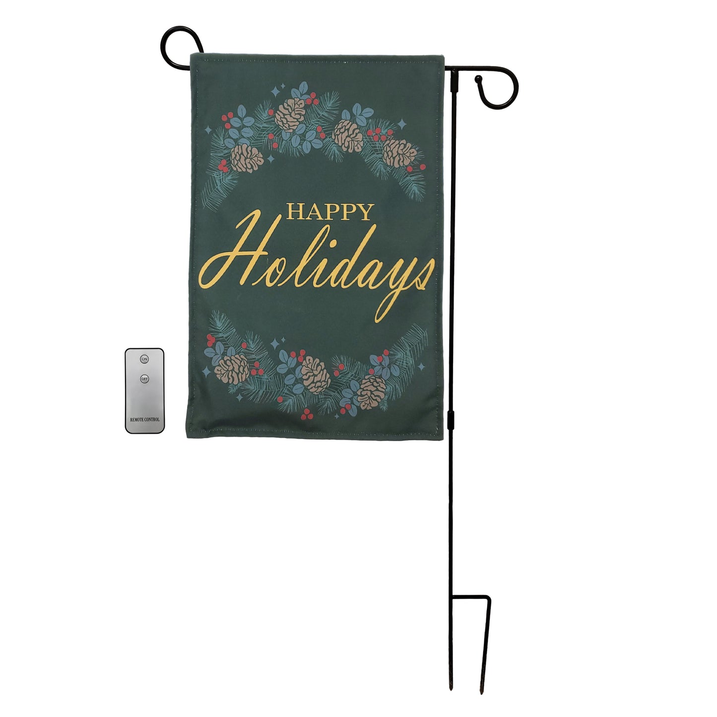 Battery Operated Lighted Outdoor Banner with Garden Flag Stand - Happy Holidays