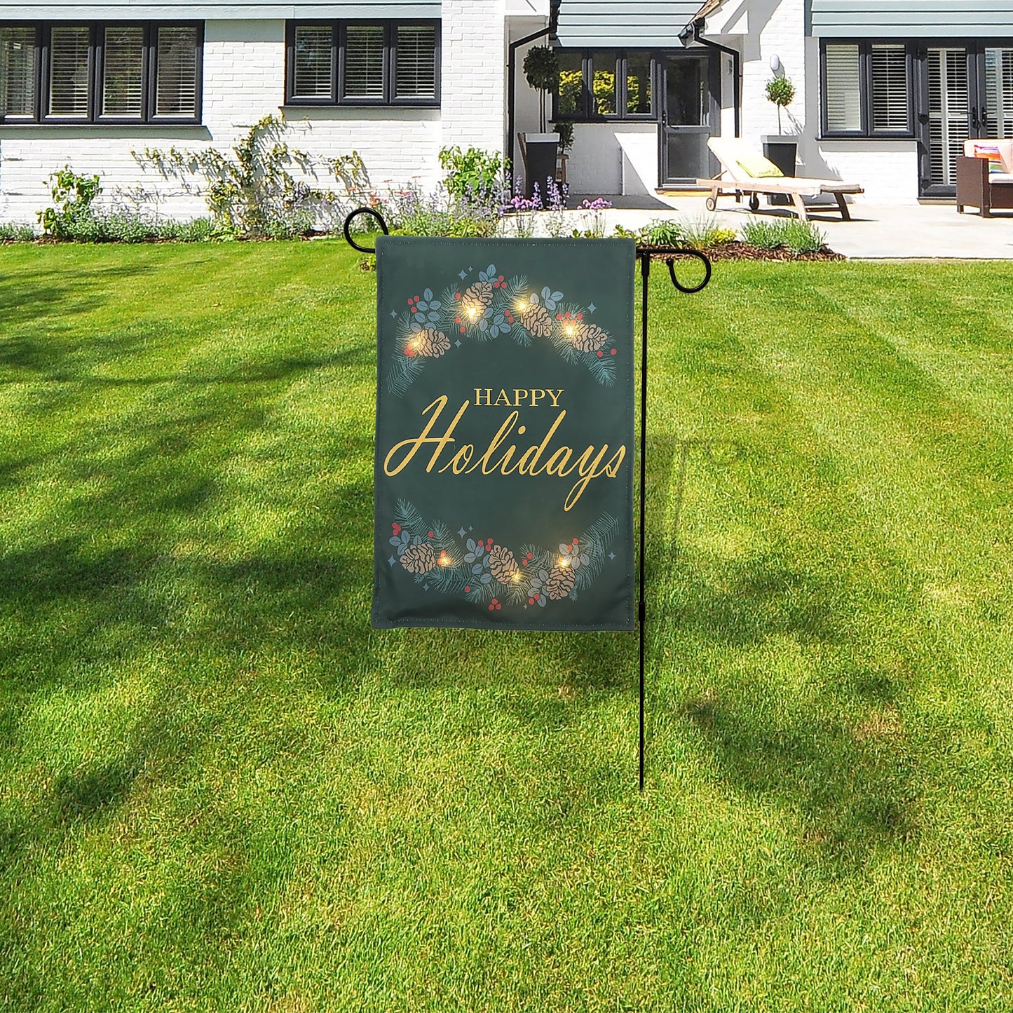 Battery Operated Lighted Outdoor Banner with Garden Flag Stand - Happy Holidays