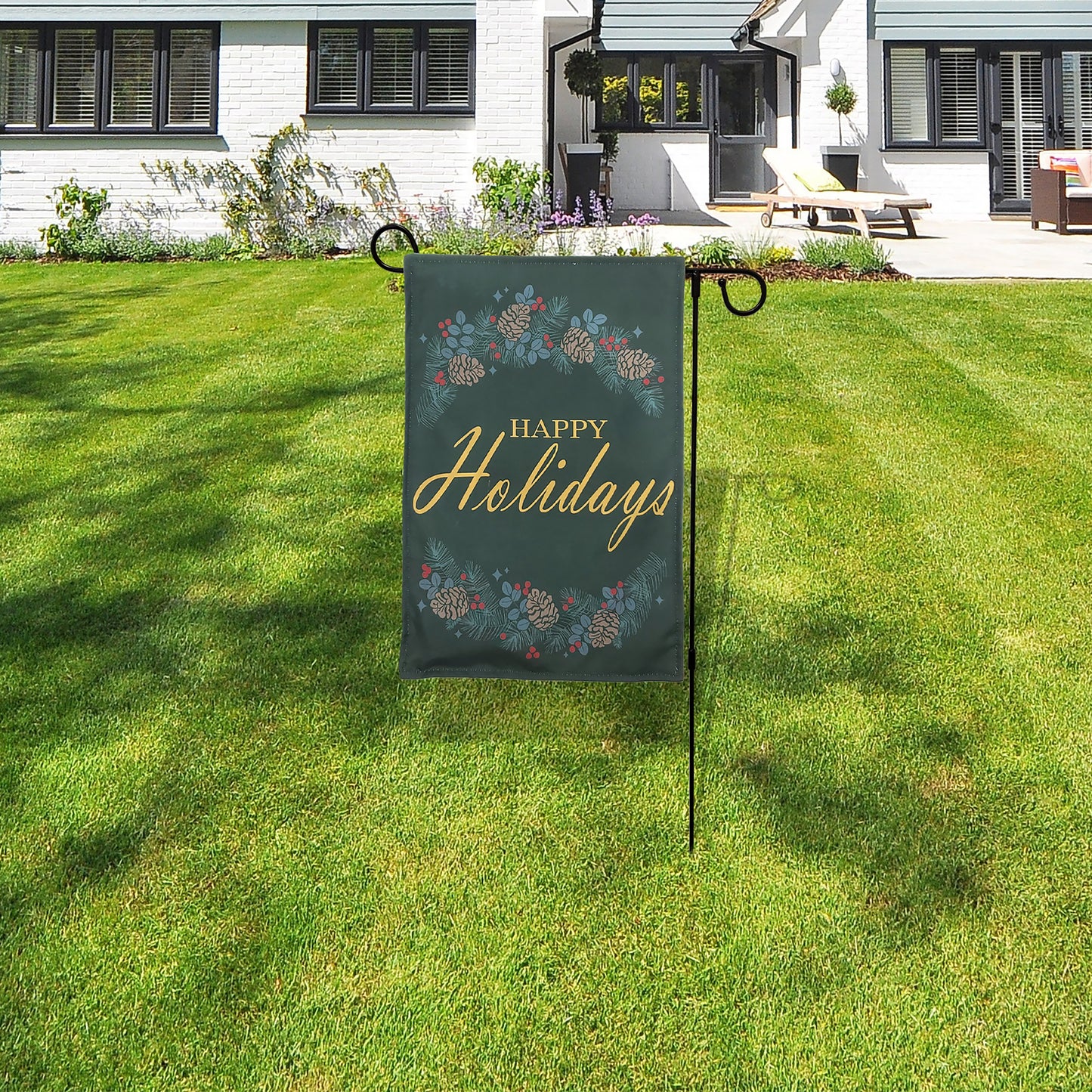 Battery Operated Lighted Outdoor Banner with Garden Flag Stand - Happy Holidays