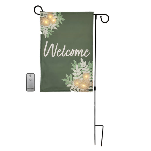 Battery-Operated Lighted LED Outdoor Banner with Garden Flag Stand - Welcome